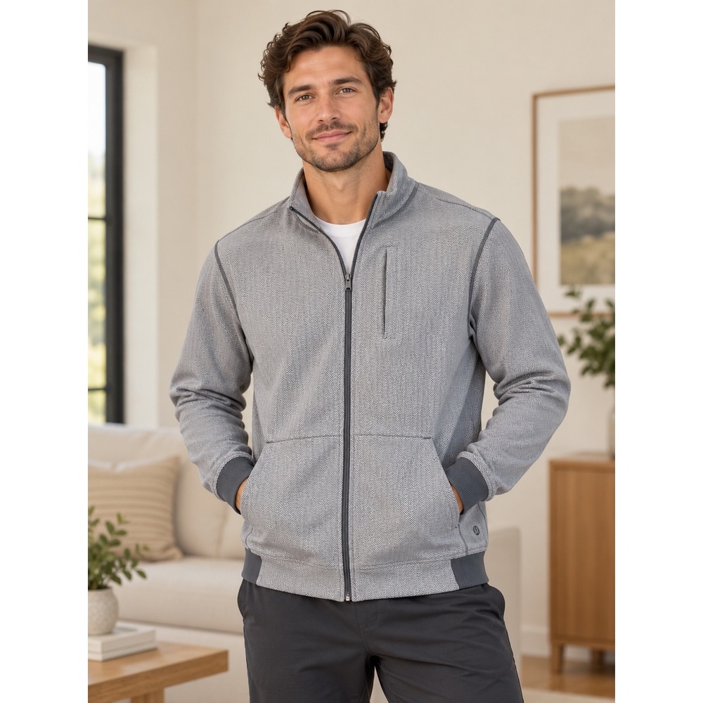 Lululemon Men's Herringbone Full Zip Jacket – Grey & White – Size XL